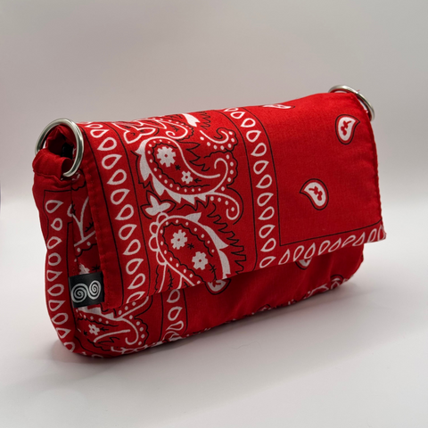 Red bandana patterned bag on a white background